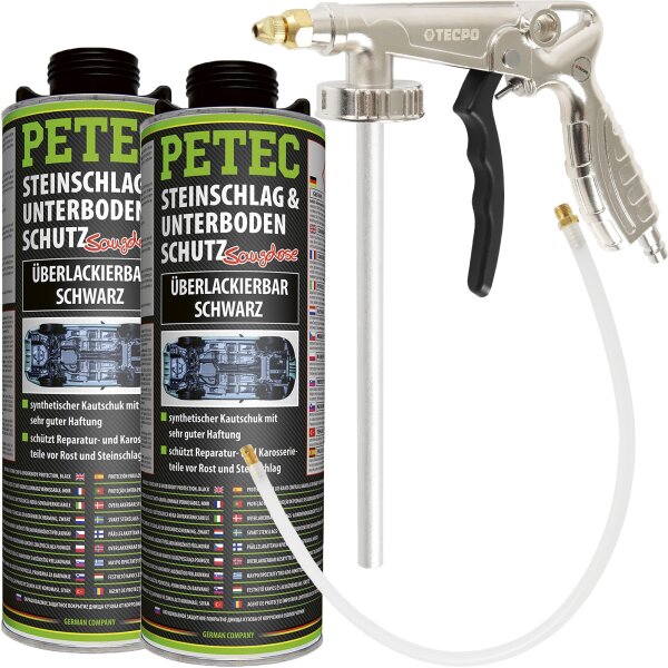 PETEC Steinschlag- & Unterbodenschutz schwarz, 2L + TECPO Druckluft-Unterbodenschutz-Pistole