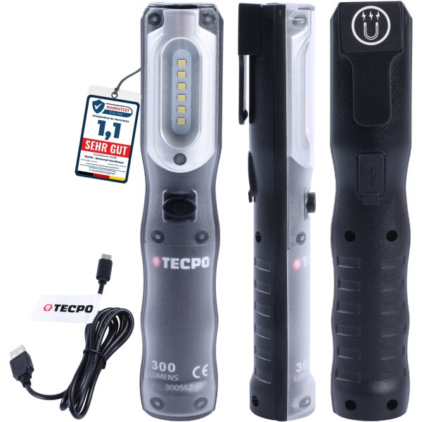 TECPO LED Akku Handlampe 300 Lumen + USB Kabel