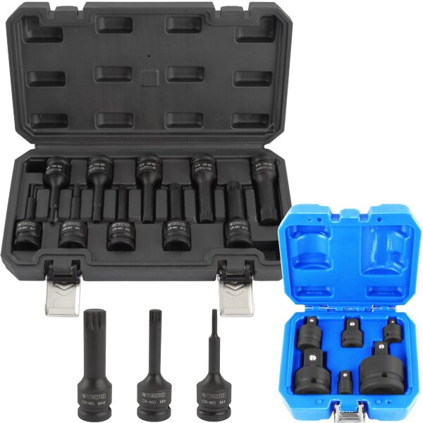 TECPO Kraft-Bit-Einsatz-Satz Vielzahn | M4 - M18 | 1/2 Zoll | 10-teilig + Kraft Adaptersatz, 6-teilig