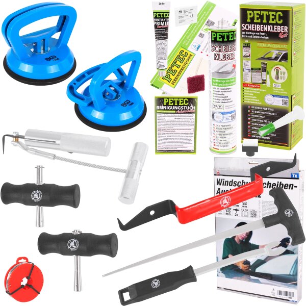 PETEC Scheibenkleber-Set + Windschutzscheiben Ausbauset + 2x Gummisauger Ø 115 mm