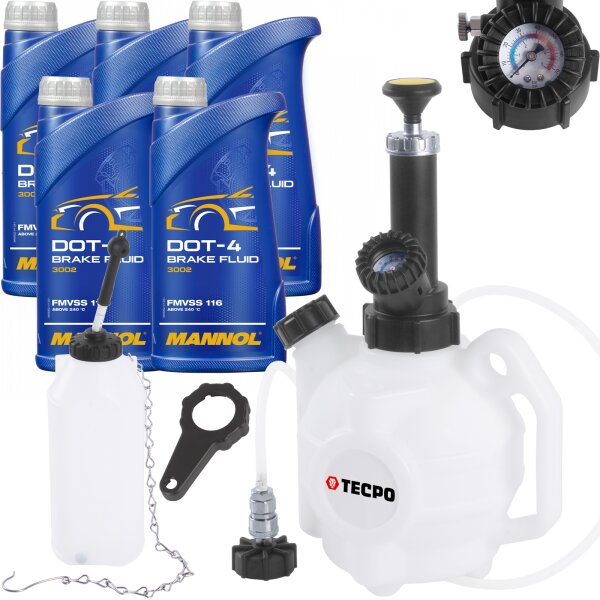 TECPO Bremsenentlüftungsgerät 4L + Bremsflüssigkeit DOT-4, 5L