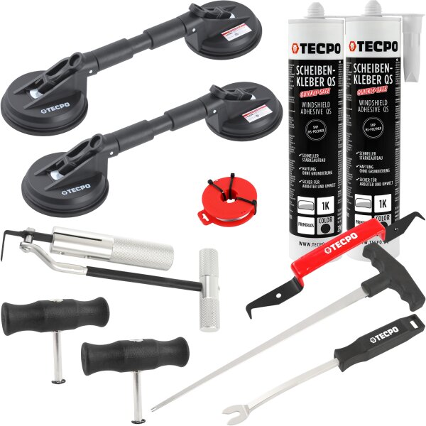 TECPO Windschutzscheibe-Reparaturset + 2x Gummi-Doppelsauger + 2x Scheibenkleber MS-Polymer, 290 ml