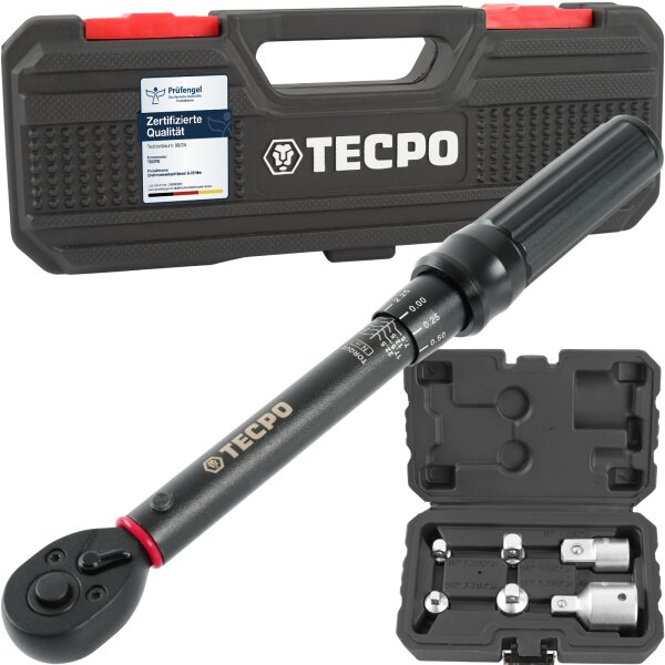 TECPO Drehmomentschlüssel, 1/4 Antrieb, 5 - 25 Nm + 6x Adapter