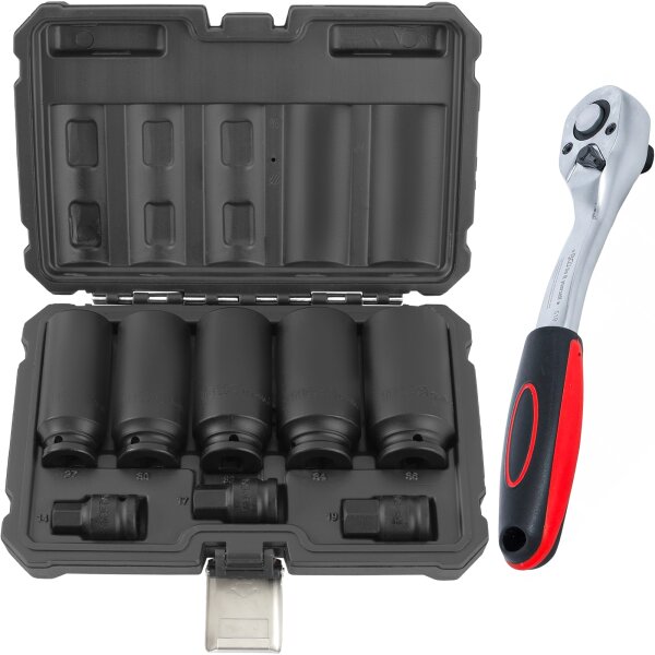 TECPO Vielzahn Nüsse für Antriebswellen 8-tlg. + BGS Umschaltknarre 12,5 mm 1/2" feinverzahnt