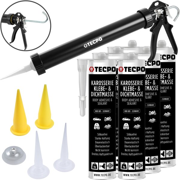 6x TECPO KKD 801 Karosserie Klebe- und Dichtmasse, 370g + Kartuschenpresse