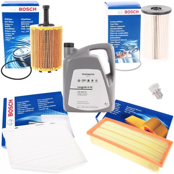BOSCH Inspektionspaket VAG + Original VAG Motor-Öl 0W-30, 5 Liter