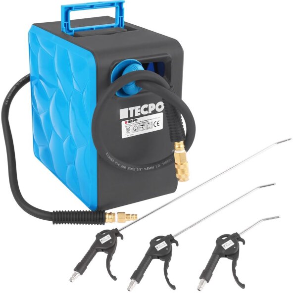 TECPO Pro Druckluftschlauch Automatische Aufroller 10m + Druckluft-Ausblaspistolen-Satz, 3-tlg.