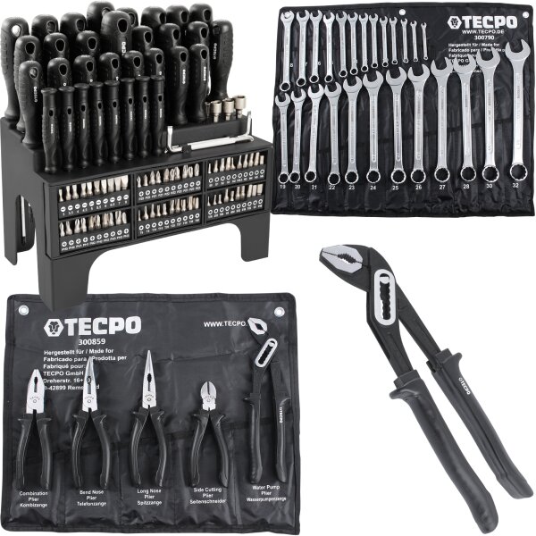 TECPO Schraubendreher- und Bit Set 100-tlg. + 25x Maulringschlüssel-Satz + Zangensatz, 5-tlg.