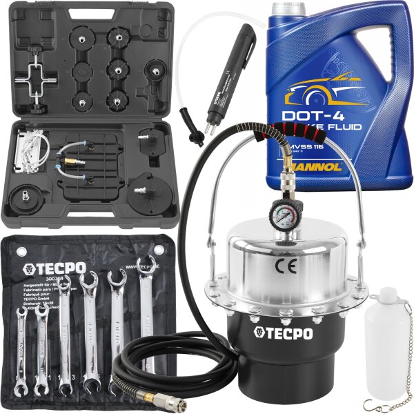TECPO Druckluft Bremsenentlüftungsgerät + Ringschlüssel-Satz + Tester + Bremsflüssigkeit, 5 Liter