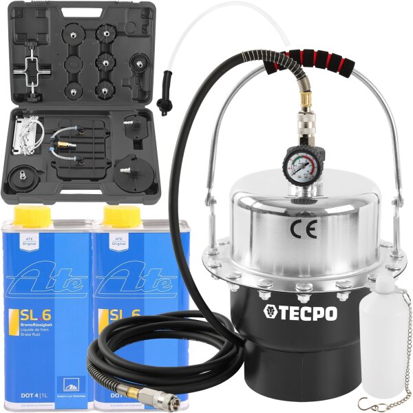 TECPO Druckluft Bremsenentlüftungsgerät, 5 Liter + 2L ATE Bremsflüssigkeit SL6