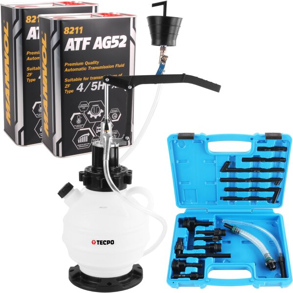 TECPO Getriebeöl-Einfüllgerät, Öleinfüllgerät 7.5 L, 15 Adapter + MANNOL ATF AG52, Automatikgetriebeöle 2x 4 Liter