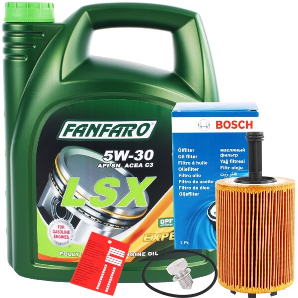 Bosch Ölfilter + FANFARO 5W-30 LSX Longlife III, 5 Liter + Ölablassschraube + Ölzettel