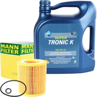 Mann Filter Ölfilter + ARAL Super Tronic K Motoröl 5W-30, VW 504.00 507.00, 5 Liter