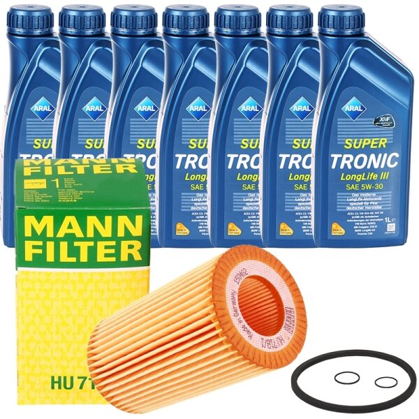 Mann-Filter Ölfilter + 7 Liter ARAL Super Tronic K Motoröl 5W-30, VW 504.00 507.00