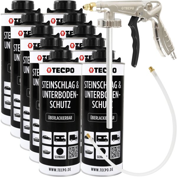 10x TECPO Unterbodenschutz Überlackierbar Schwarz, 1000 ml + Druckluft Unterbodenschutz Pistole