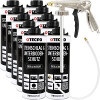 10x TECPO Unterbodenschutz Überlackierbar Schwarz, 1000 ml + Druckluft Unterbodenschutz Pistole