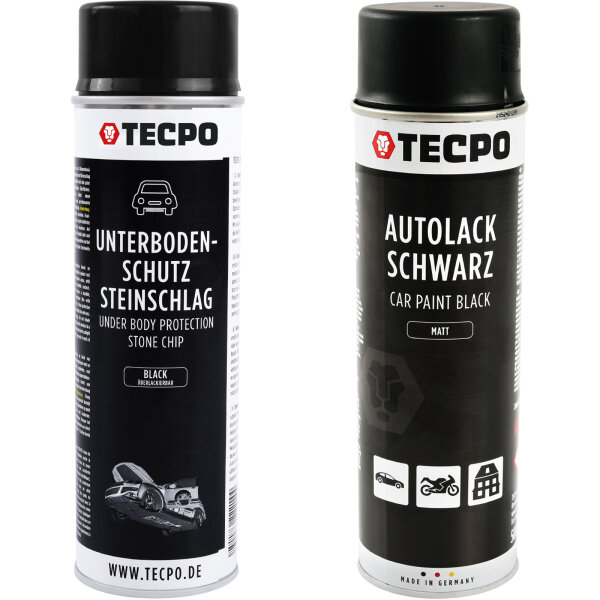 TECPO Unterbodenschutz Bitumen schwarz, 500 ml + Autolack schwarz matt 500 ml