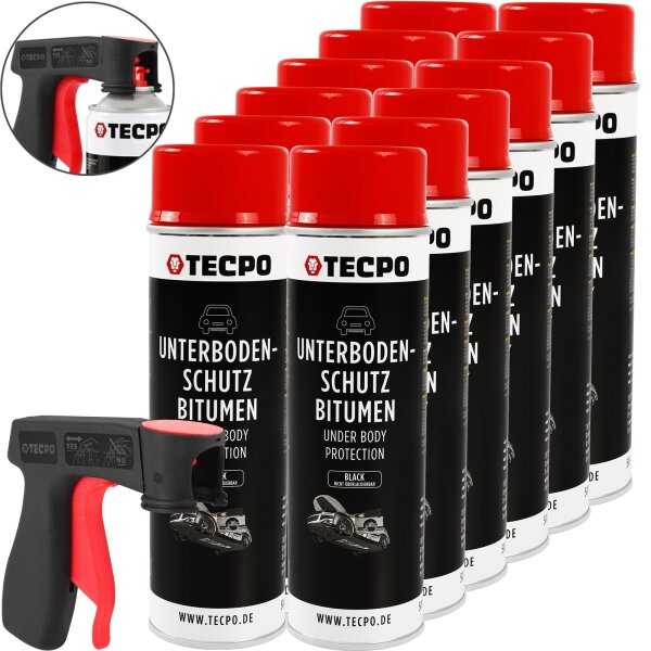 12x TECPO Unterbodenschutz Bitumen schwarz, 500 ml + Pistolengriff