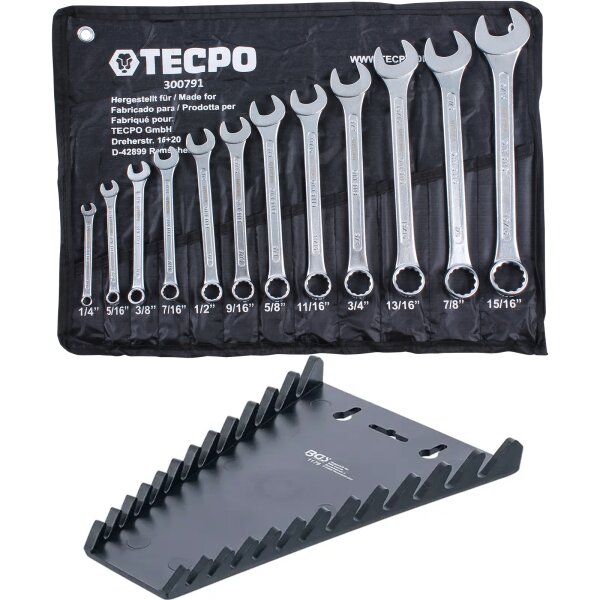 TECPO Maul-Ringschlüssel-Satz SW 1/4"- 5/16", 12-teilig + BGS Wandhalterung
