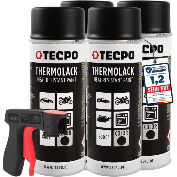 4x TECPO Thermolack Auspufflack Ofenlack 800°C schwarz 400 ml + Pistolengriff