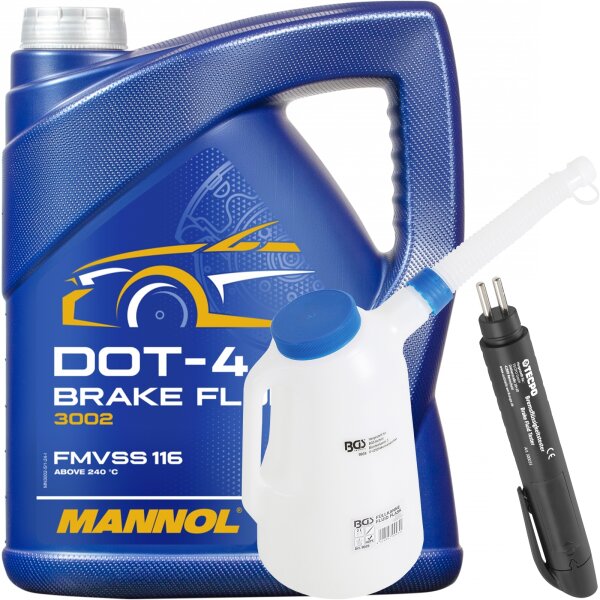 MANNOL Bremsflüssigkeit Brake Fluid DOT-4, 5L + BGS Füllkanne, 2L + Bremsflüssigkeitstester