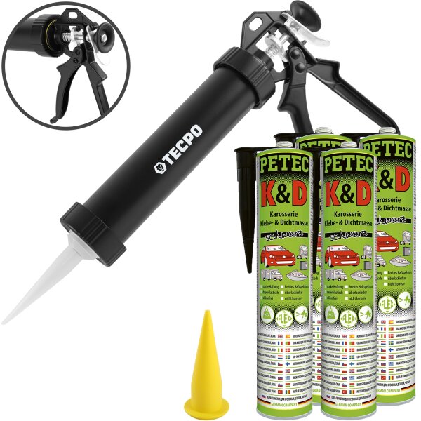 4x PETEC K&D Karosserie Klebe- und Dichtmasse 310 ml schwarz + Alu-Kartuschenpresse