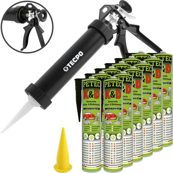12x PETEC K&D Karosserie Klebe- und Dichtmasse 310 ml schwarz + Alu-Kartuschenpresse
