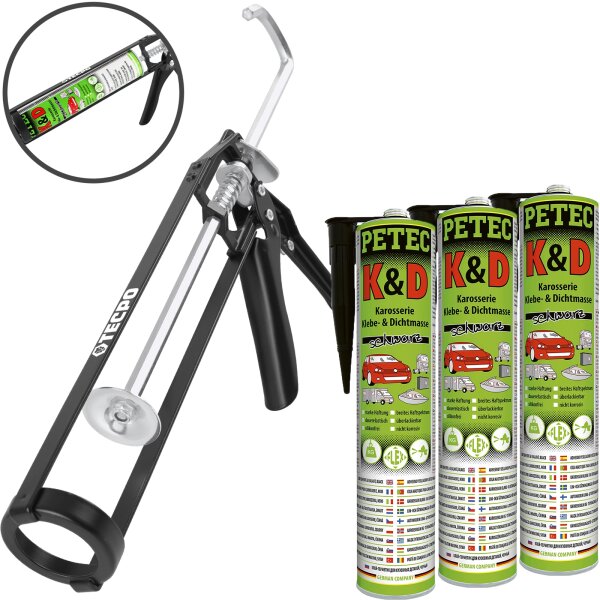 3x PETEC K&D Karosserie Klebe- und Dichtmasse 310 ml schwarz + Skelett-Kartuschenpresse