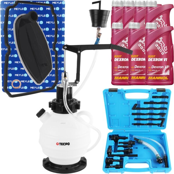 Getriebeöl-Einfüllgerät, Öleinfüllgerät 7.5 L, 15 Adapter + Hydraulikfiltersatz + 7 Liter MANNOL Dexron VI