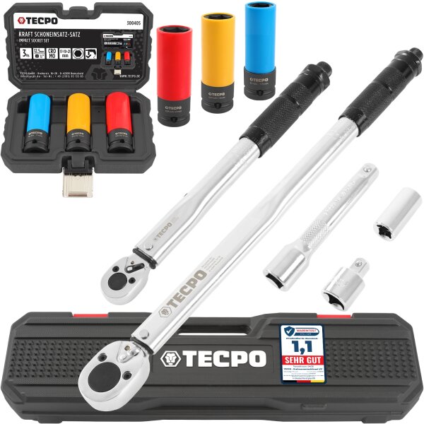 TECPO Drehmomentschlüssel 1/2" 28-210 Nm + 1/4" 5-25 Nm + Kraft-Schoneinsätze SW 17mm 19mm 21mm