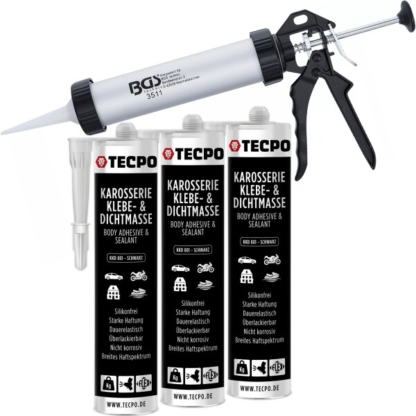 3x TECPO KKD 801 Karosserie Klebe- und Dichtmasse, 370g + BGS Kartuschenpresse