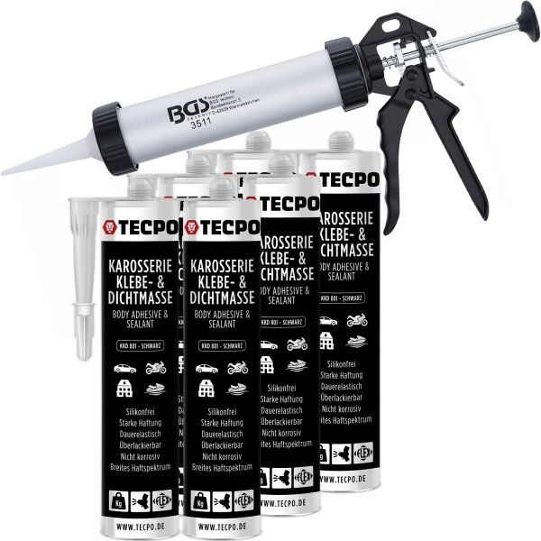 6x TECPO KKD 801 Karosserie Klebe- und Dichtmasse, 370g + BGS Kartuschenpresse