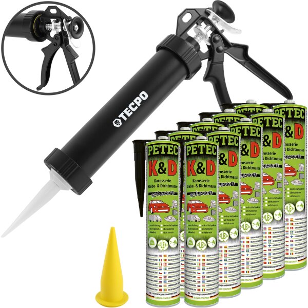 10x PETEC K&D Karosserie Klebe- und Dichtmasse 310 ml schwarz + Alu-Kartuschenpresse