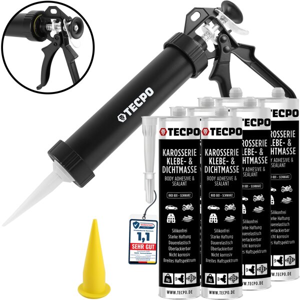 6x TECPO KKD 801 Karosserie Klebe- und Dichtmasse, 370g + Alu-Kartuschenpresse