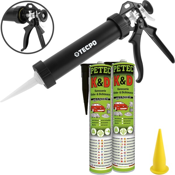 2x PETEC K&D Karosserie Klebe- und Dichtmasse 310 ml schwarz + Alu-Kartuschenpresse