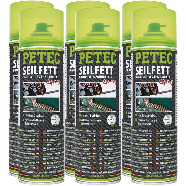 6x PETEC Seilfett, Drahtseil- & Zahnradfett Spray, 500 ml