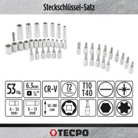 TECPO Steckschlüssel-Satz, 53-teilig, 1/4" Antrieb + AKKU Werkstattlampe
