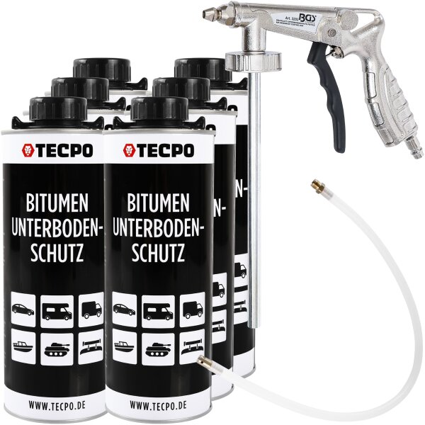 TECPO Unterbodenschutz Bitumen schwarz, 6L + BGS Druckluft Unterbodenschutz Pistole
