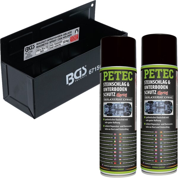 PETEC Steinschlag- & Unterbodenschutz, Spray, schwarz, 2x 500 ml + BGS Spraydosen-Ablage
