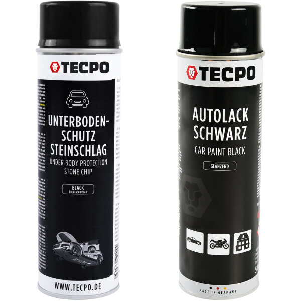 TECPO Unterbodenschutz Bitumen schwarz, 500 ml + Autolack schwarz glänzend, 500 ml