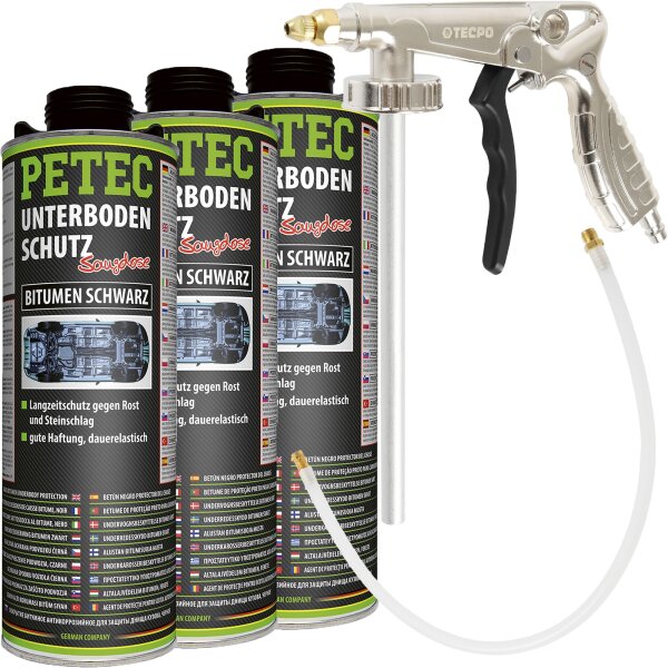 PETEC Unterbodenschutz Bitumen schwarz, 3 Liter + TECPO Druckluft Pistole