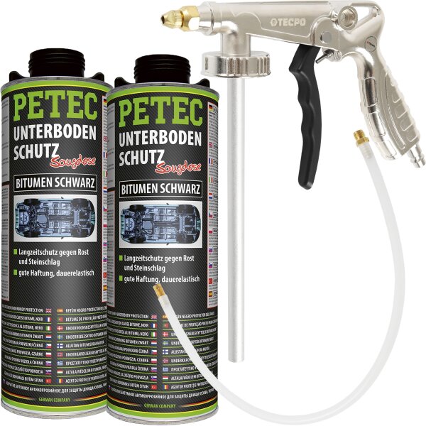 PETEC Unterbodenschutz Bitumen schwarz, 2 Liter + TECPO Druckluft Pistole