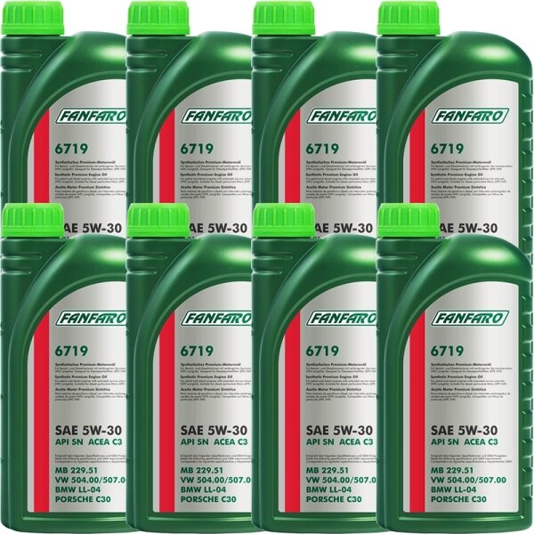 8x FANFARO 5W-30 API SN CF VW 504.00 507.00 BMW LL-04 MB 229.51 , 1L