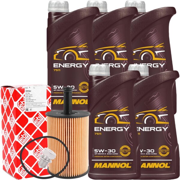 FEBI BILSTEIN Ölfilter + Schraube + MANNOL Energy 5W-30, 5x1 Liter
