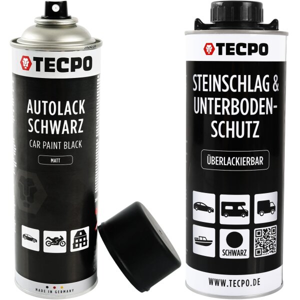 TECPO Autolack schwarz matt 500 ml + Unterbodenschutz Überlackierbar Schwarz, 1L