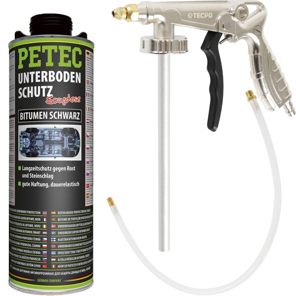 PETEC Unterbodenschutz Bitumen schwarz, 1 Liter + TECPO Druckluft Pistole