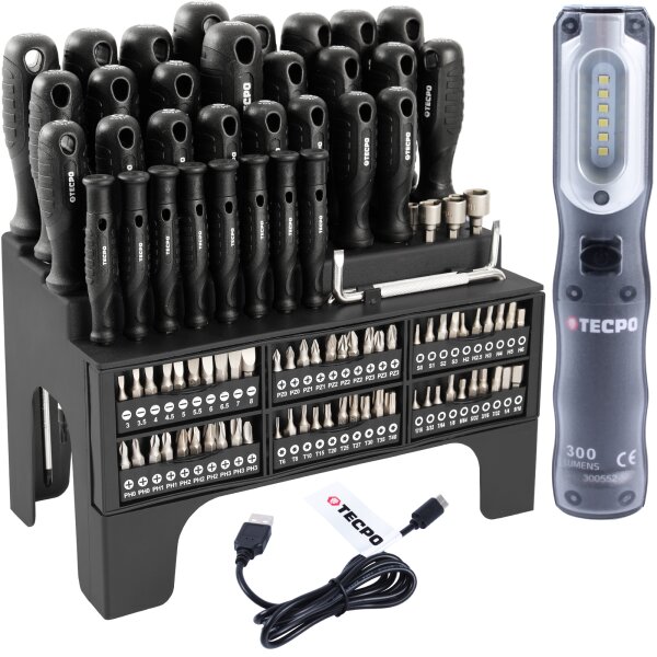 TECPO Schraubendreher- und Bit Set 100-tlg. + Werkstattlampe, 300 Lumen magnetisch