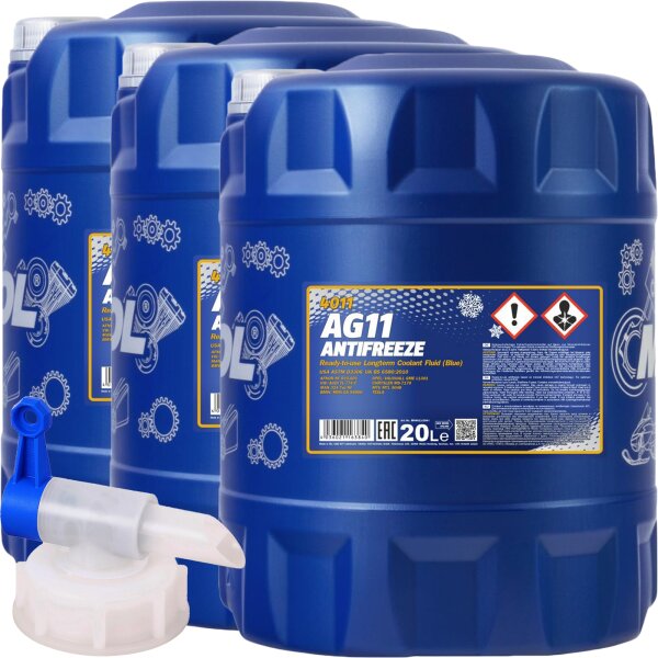 MANNOL Antifreeze AG11 Kühlerfrostschutz (- 40°C) Blau, 3x20L + Hahn