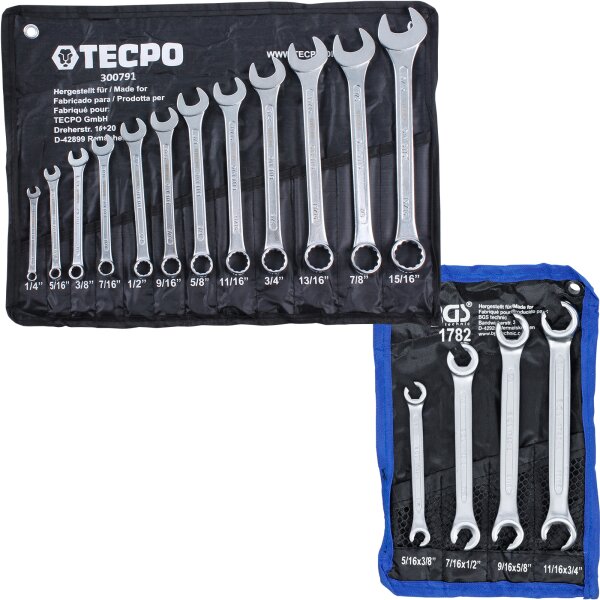 TECPO Maul-Ringschlüssel-Satz SW 1/4"- 5/16", 12-teilig +  Offener Doppel-Ringschlüssel