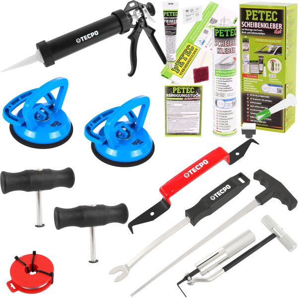 PETEC Scheibenkleber-Set + Windschutzscheiben Ausbauset + Kartuschenpresse + 2x Gummisauger Ø 115 mm
